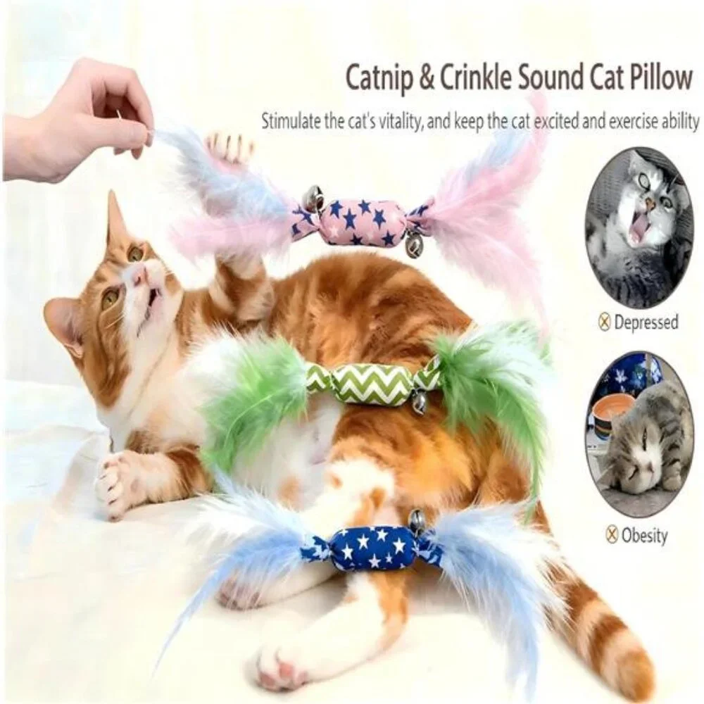 Catnip Toy Candy Shape with Bright Colors Feathers & Bell, Kicker Chew Toy
